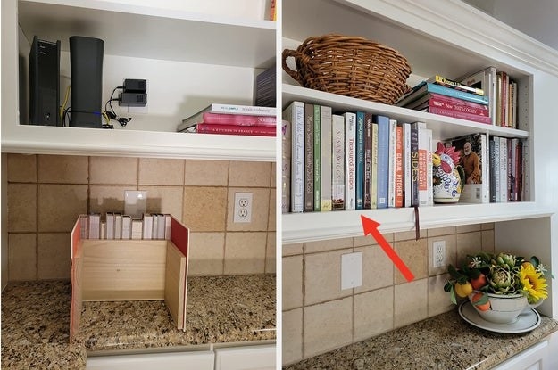 before and after of a shelf, left side showing messy cords and router; right side showing it all neatly concealed behind a faux book display