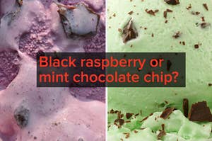 "Black raspberry or mint chocolate chip?" is written over two scoops of ice cream