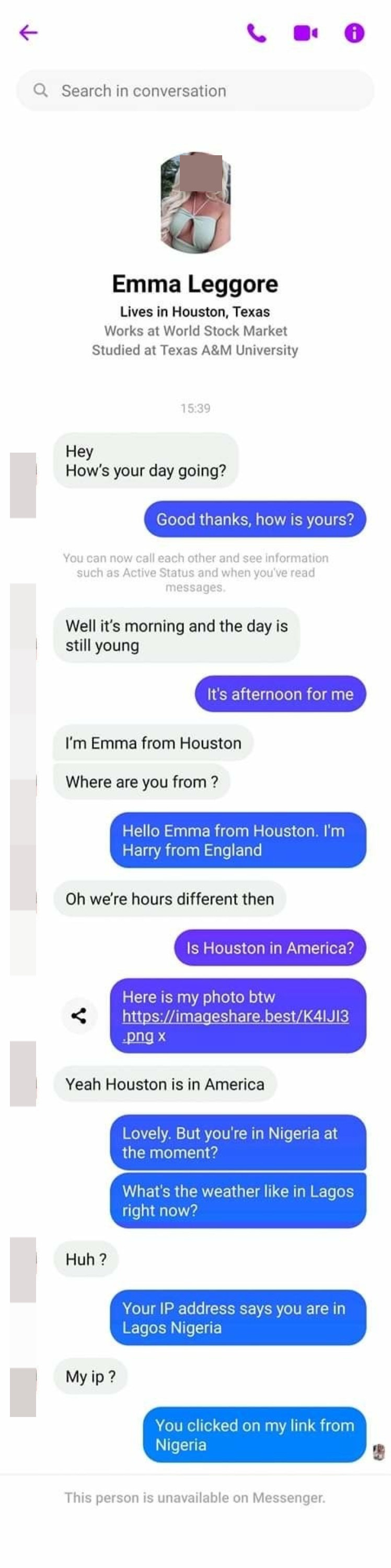 scammer saying they are from houston but it is revealed they are from nigeriia