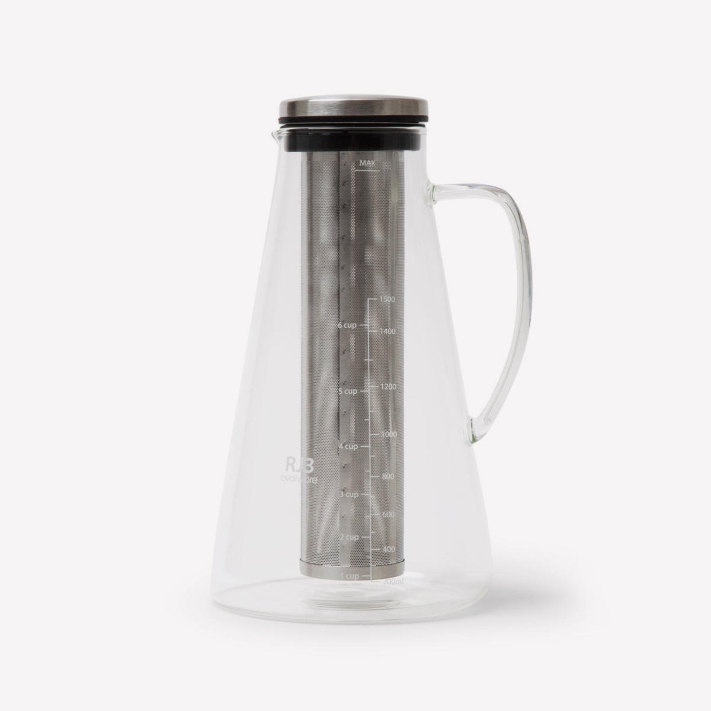 glass erlenmeyer flask shaped cold brew pitcher with a silver filter