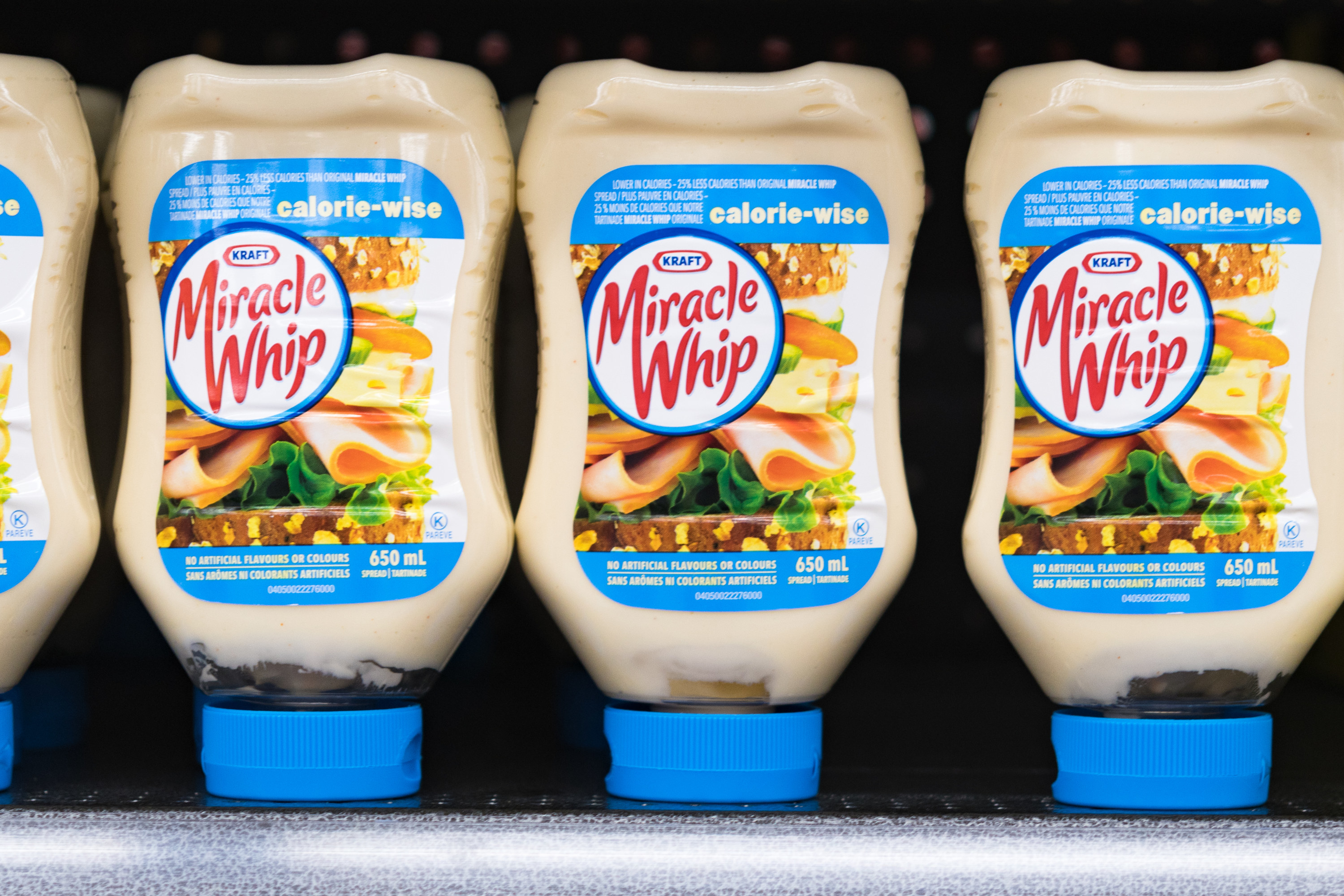 A row of bottles of Miracle Whip