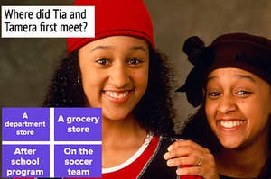 Tia and Tamera are shown and labeled, "Where did Tia and Tamera first meet?" with 4 options as a result