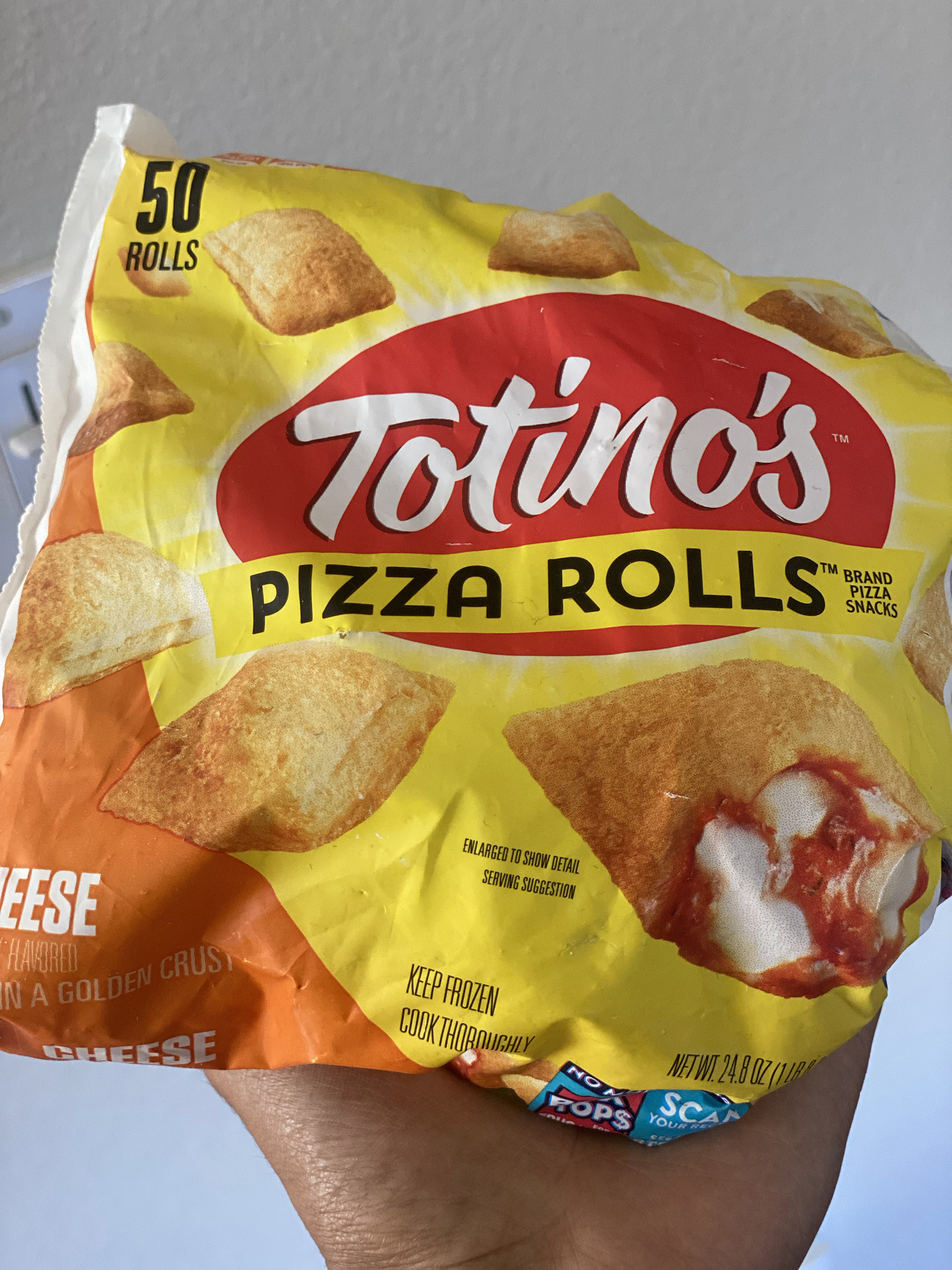a bag advertising 50 rolls with photos of the bite-sized snack