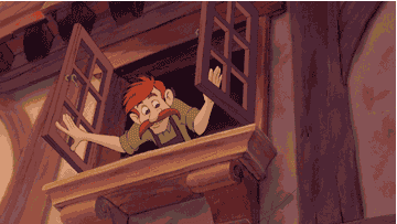 a gif of characters from beauty and the beast saying bonjour out of their shop windows