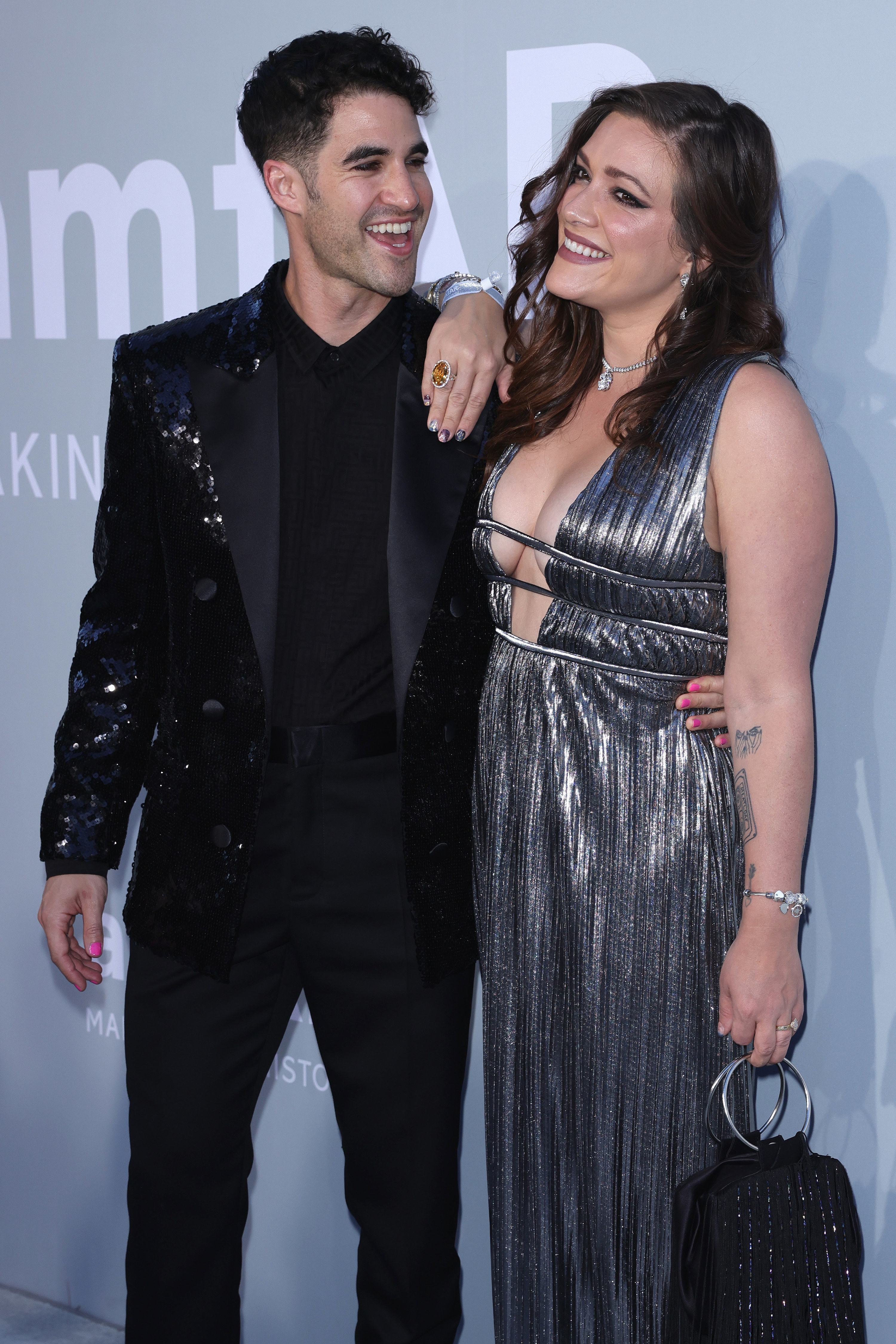Darren Criss and Mia Swier pose at the amfAR Cannes Gala on July 16, 2021