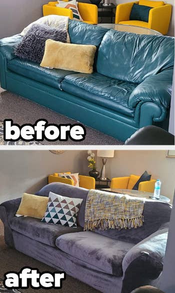 reviewer before and after - top photo shows an old wrinkled-looking blue couch, bottom photo shows a much sleeker looking couch with a gray slipcover put on