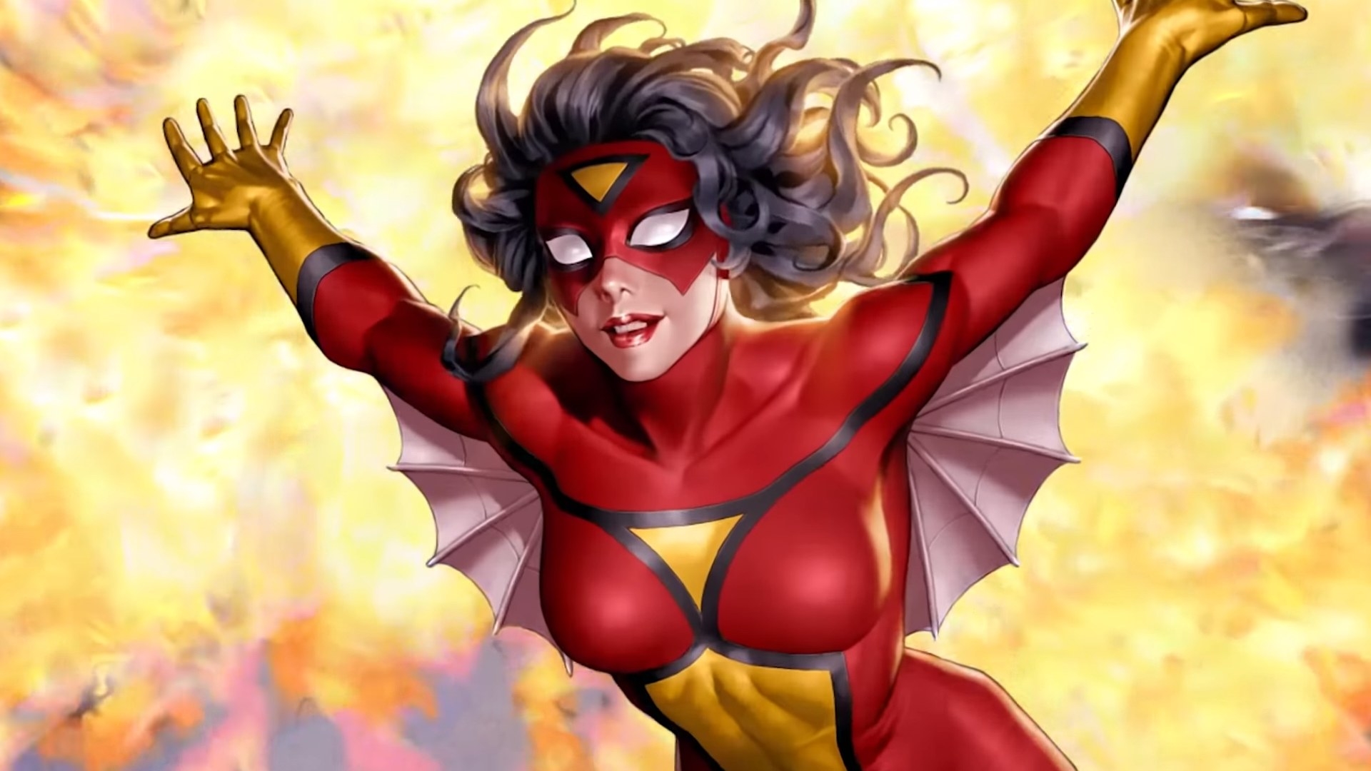 Spider-Woman flying from an explosion