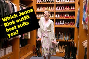 "Which Jenna  Rink outfit  best suits you?" is shown with Jenna in the closet