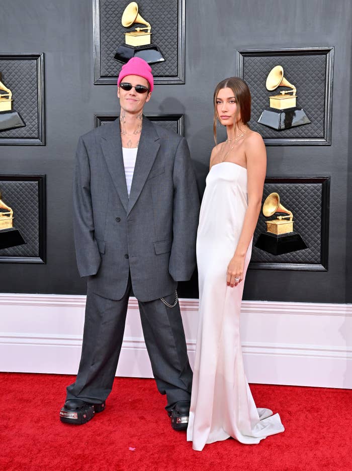 Justin and Hailey Bieber pose on the Grammys red carpet