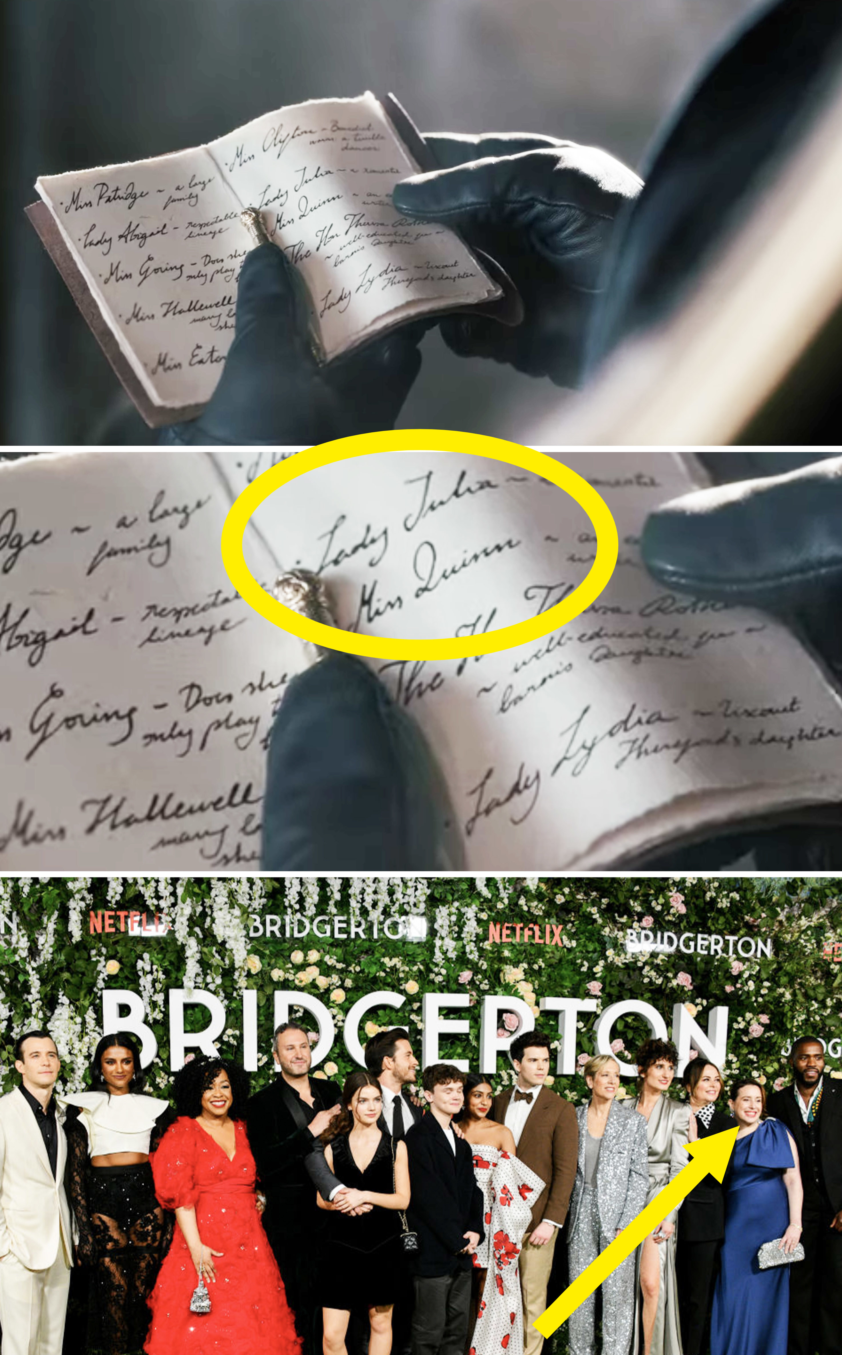 The list of women and a photo of the cast and crew of &quot;Bridgerton&quot; with an arrow pointing to the author Julia Quinn