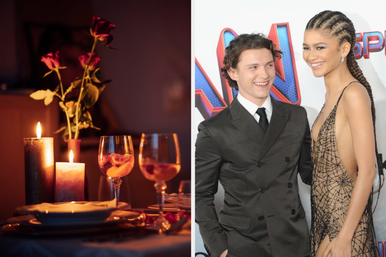 On the left, a candlelit dinner table with roses in a vase in the center, and on the right, Tom Holland smiling at Zendaya as he puts an arm around her on the red carpet