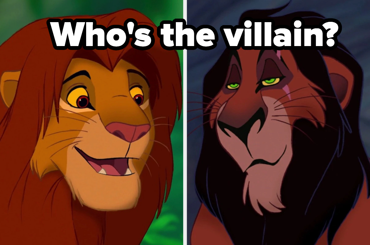 Mufasa is on the left with Scar on the right labeled, "Who's the villain?"