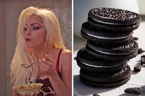 On the left, Lady Gaga eating cereal in an SNL sketch, and on the right, a stack of Oreos