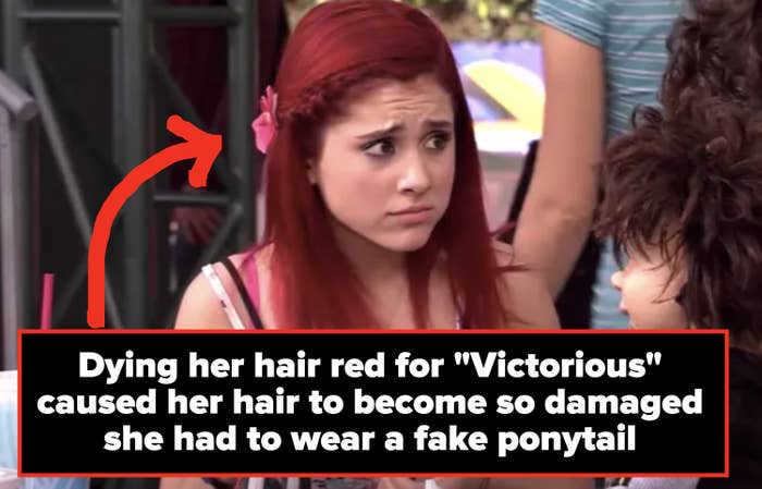 Ariana Grande in Victorious labeled &quot;Dying her hair red for show caused her hair to become so damaged she had to wear a fake ponytail&quot;
