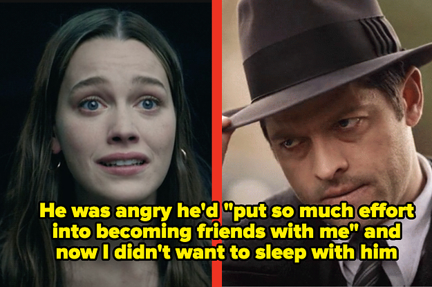 love from you looking shocked and castiel from supernatural tipping his fedora captioned "He was angry he'd 'put so much effort into becoming friends with me' and now I didn't want to sleep with him"