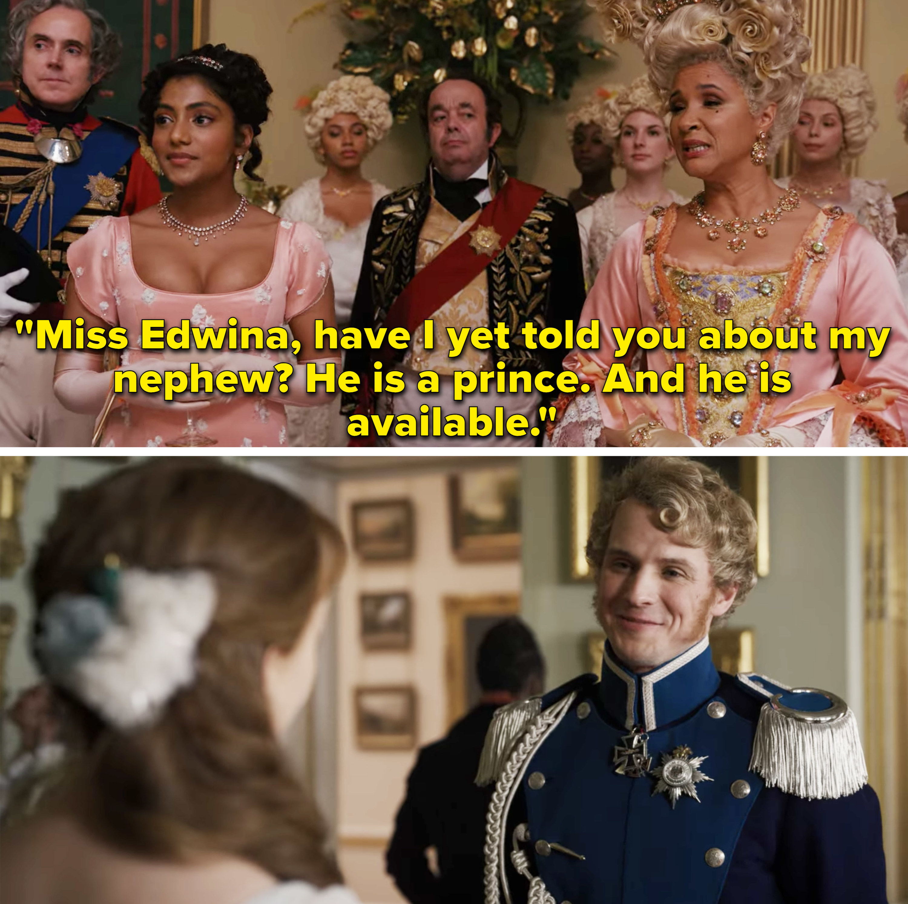 Queen Charlotte and Edwina talking, and the prince talking to Daphne in Season 1
