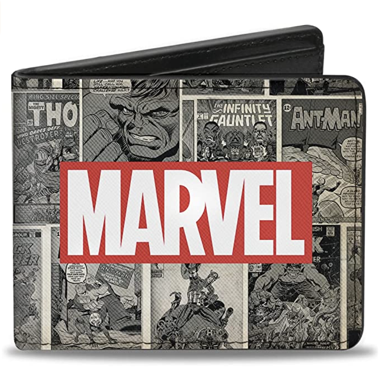 billetera plegable con el logo de Marvel e imágenes de varios de los superhéroes