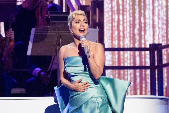 Lady Gaga performing at the 2022 Grammys.