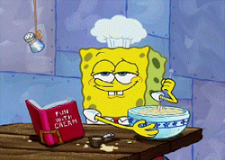 SpongeBob SqaurePants mixes something in a bowl before tasting it