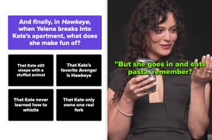 May Calamawy taking a Marvel quiz and answering a question about Yelena