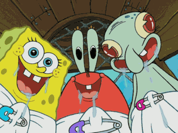 gif of spongebob, mr krabs, and squidward looking at something and drooling with excitement