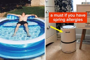 L: reviewer lying on their back sitting on a built-in bench of an inflatable pool R: white tower air purifier with text on the image that says "a must if you have spring allergies"