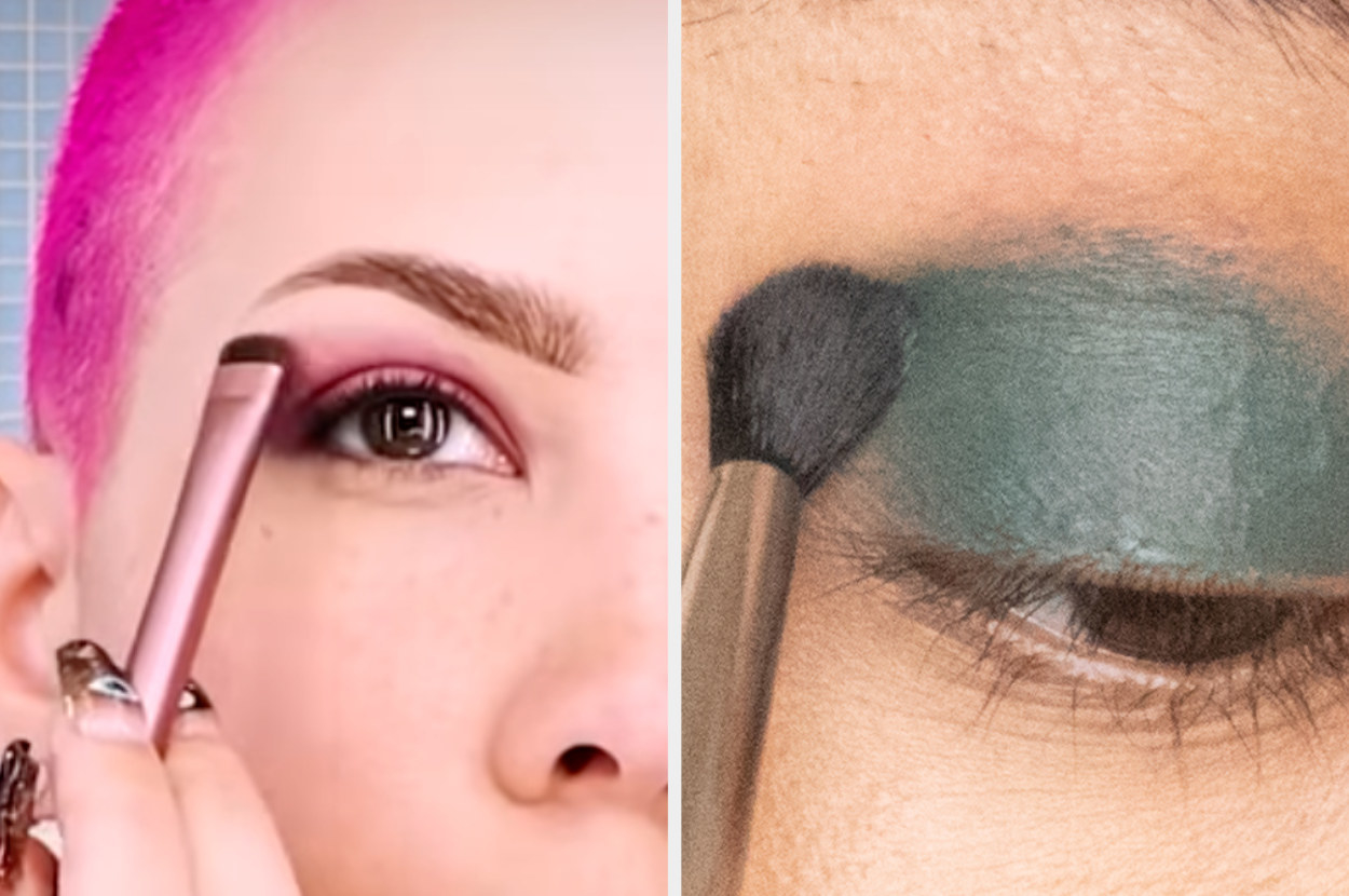 split image of halsey and a woman blending their fluid eye paint