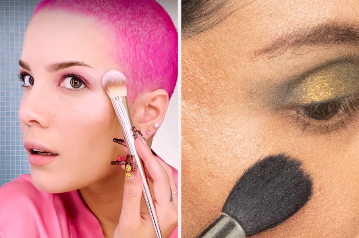 split image of halsey and a woman applying highlight powder to their face