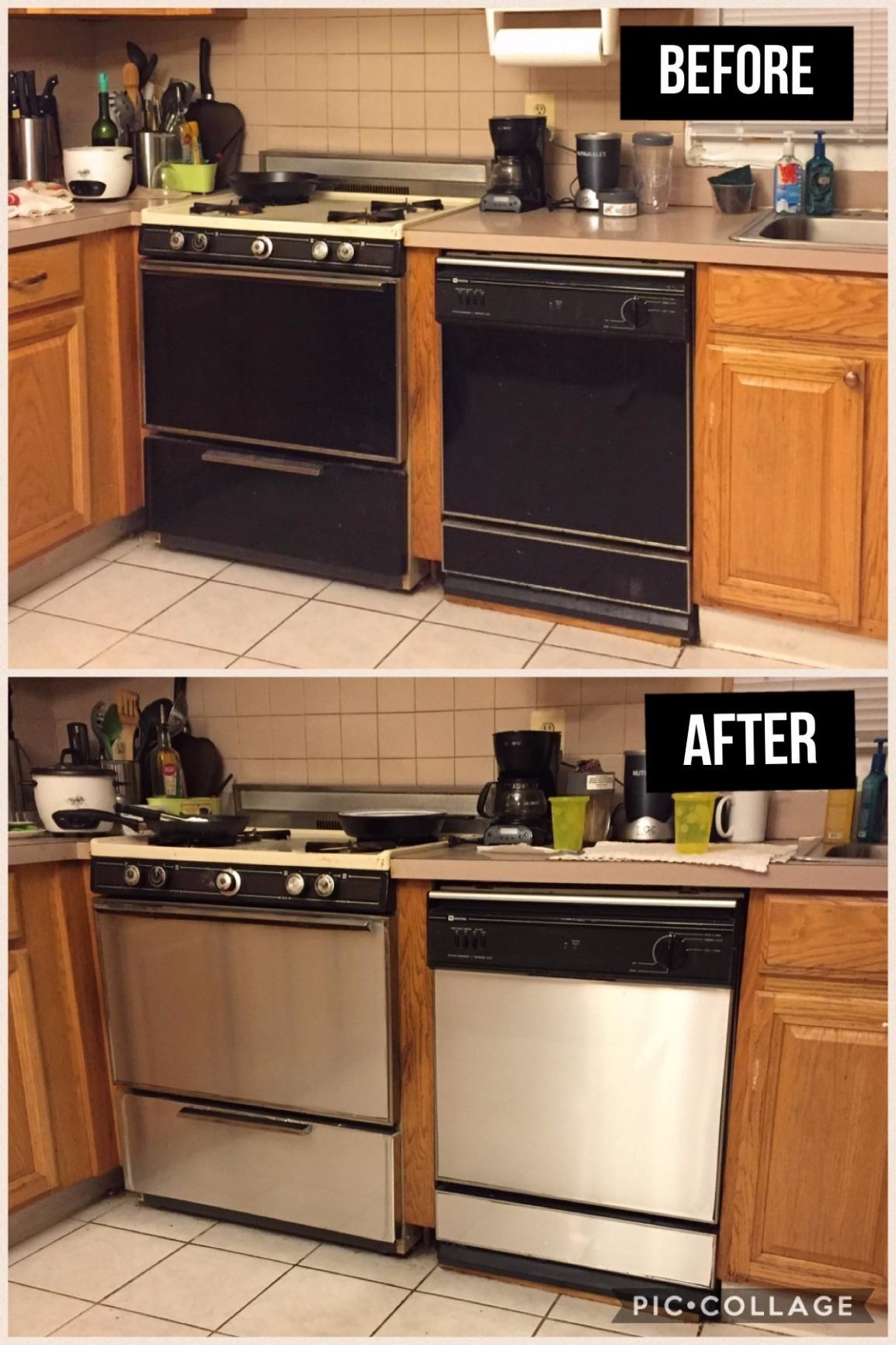 reviewer before and after of their dishwasher and oven entirely black and older looking before, now covered in the stainless steel contact paper and looking much improved