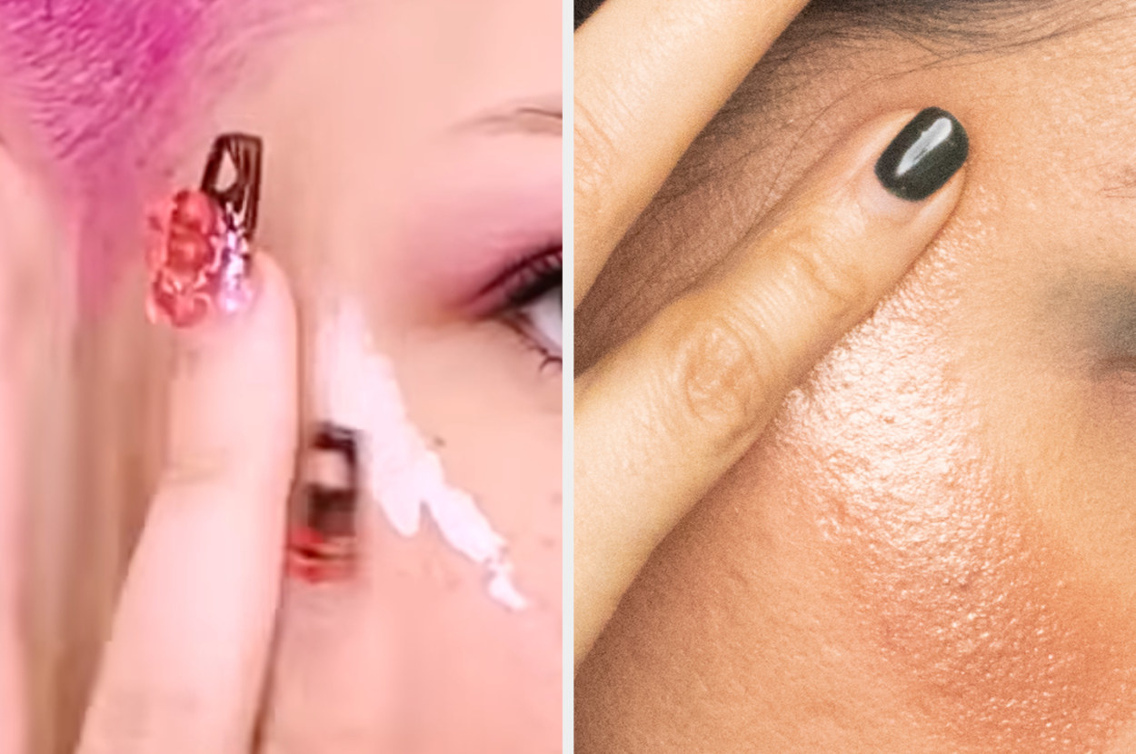 split image of halsey and a woman blending out their highlighter