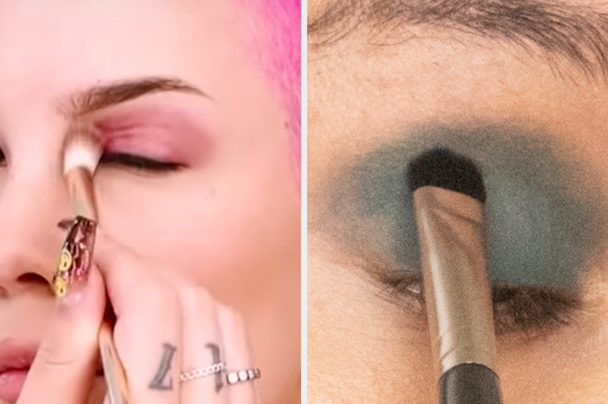 split image of halsey and a woman blending their fluid eye paint