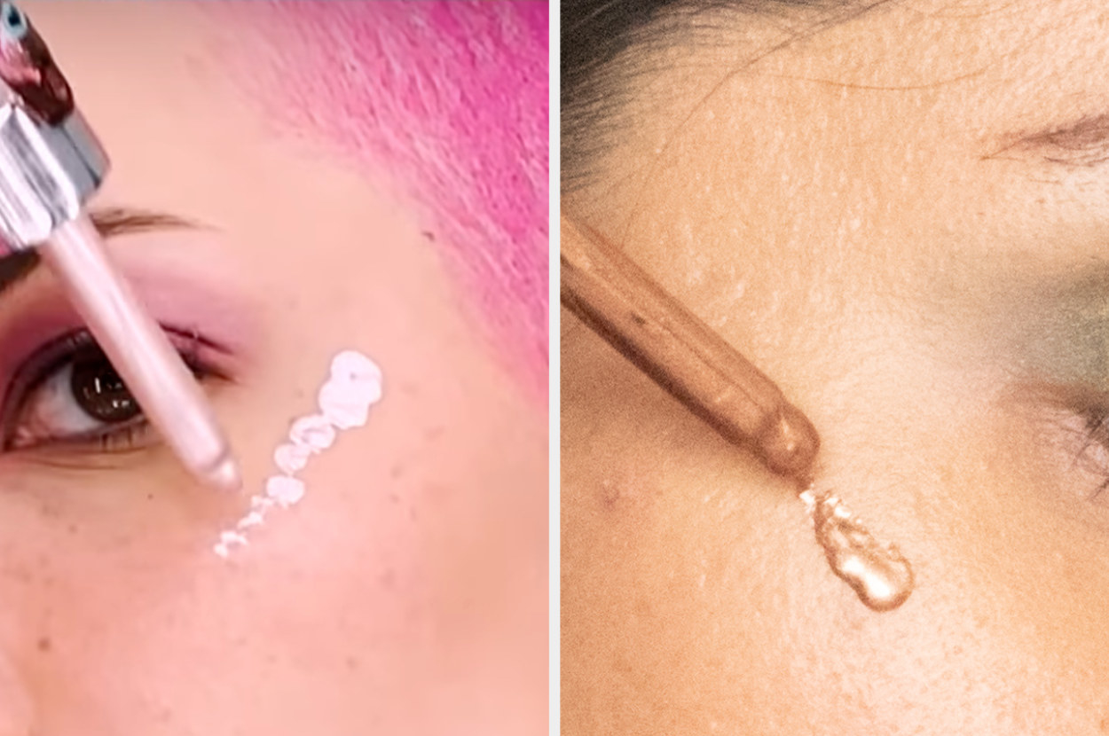 split image of halsey and a woman applying highlighter