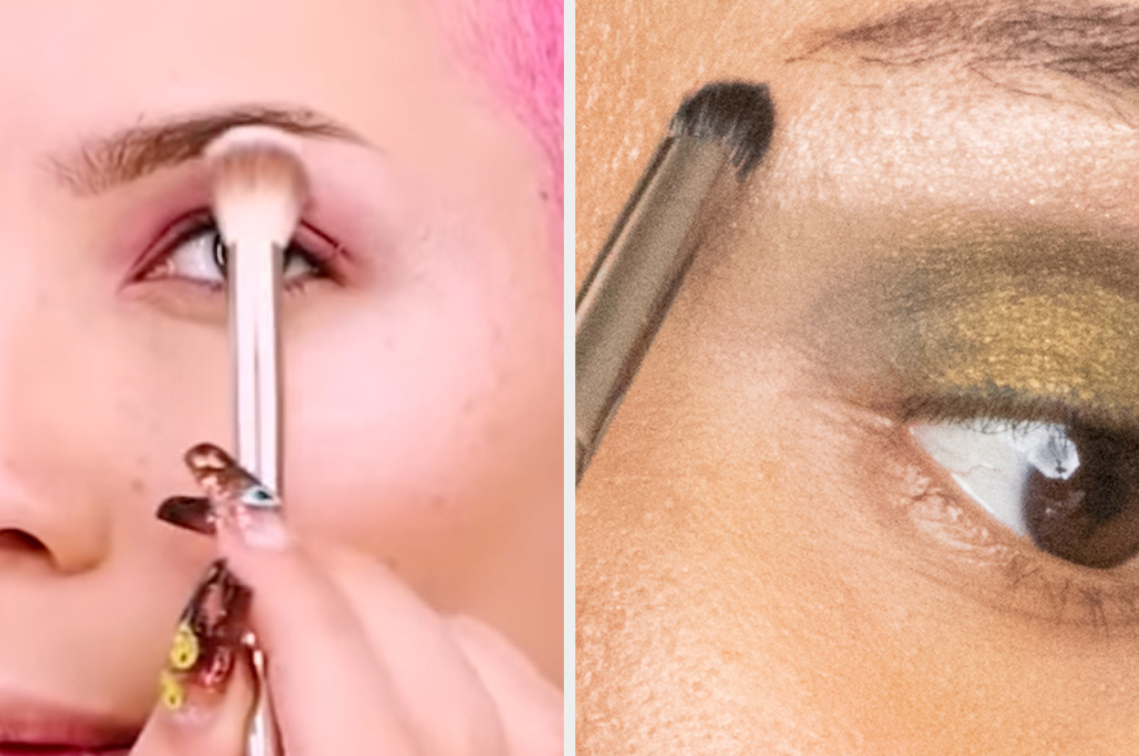 split image of halsey and a woman applying highlighter to their brow bone