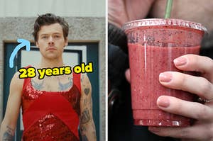 On the left, Harry Styles in the As It Was music video with an arrow pointing to him and 28 years old typed under his face, and on the right, someone holding a berry smoothie in plastic to-go cup