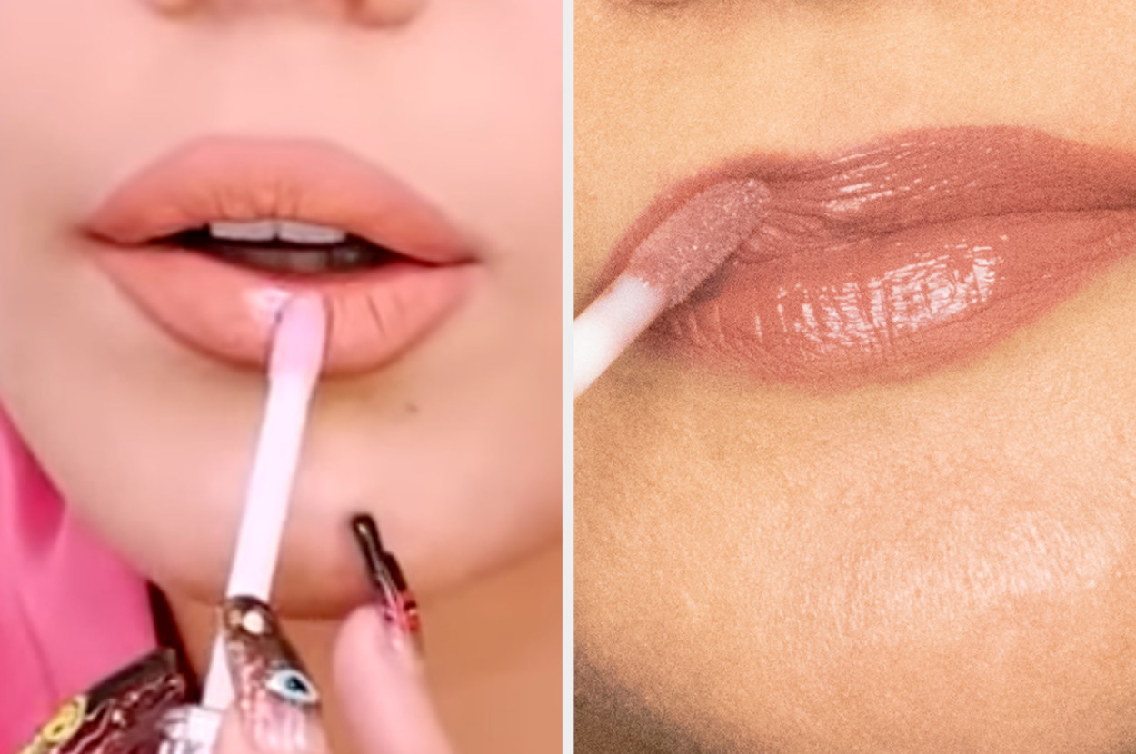 split image of halsey and a woman applying lipgloss