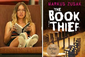 On the left, Sydney Sweeney sitting in a chaise with a book in her hand as Olivia on The White Lotus, and on the right, the book The Book Thief by Markus Zusak