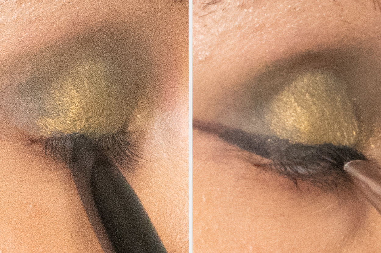 split image of a woman applying purple eyebrow glitter