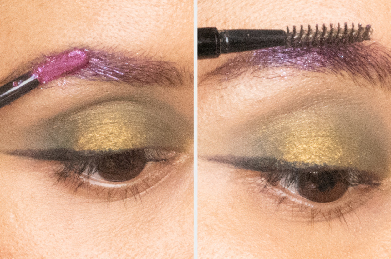 split image of a woman applying glitter on their brows