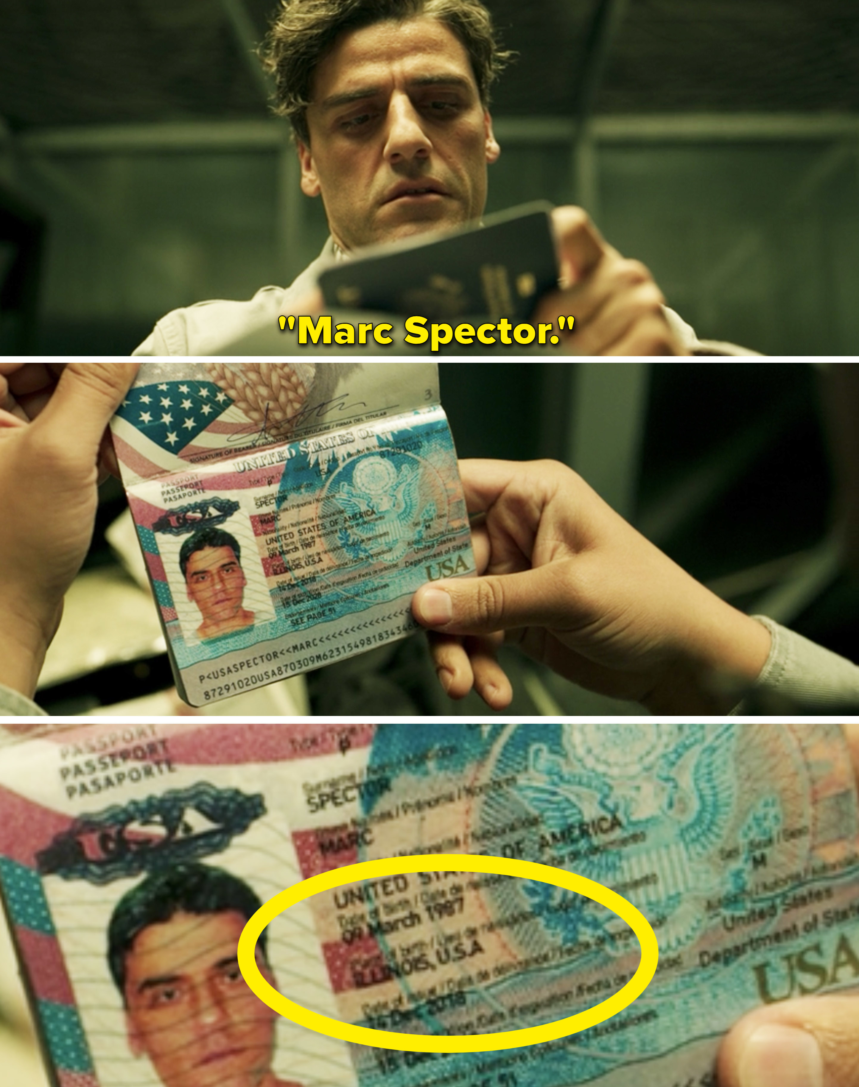 一个closeup of Marc's passport which shows that his place of birth is Illinois