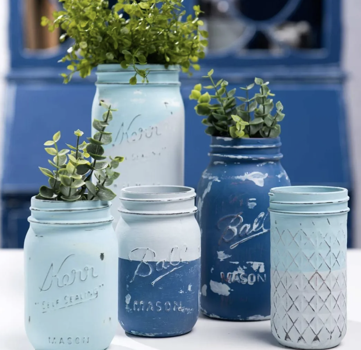 Five mason jars painted with chalk paint, three of them with small, leafy plants in them