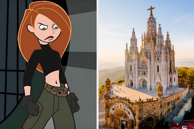 Kim Possible on the left in a fight stance with an ariel view of Sagrada Familia