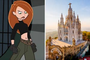 Kim Possible on the left in a fight stance with an ariel view of Sagrada Familia 