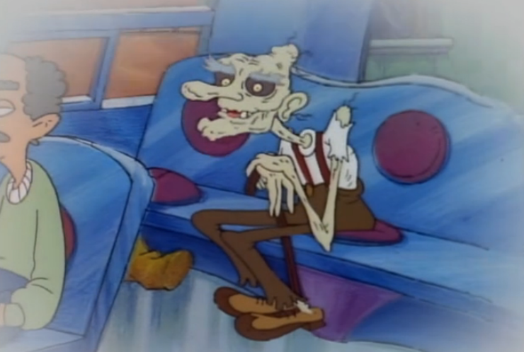 zombie grandpa cartoon sitting in the back of a bus