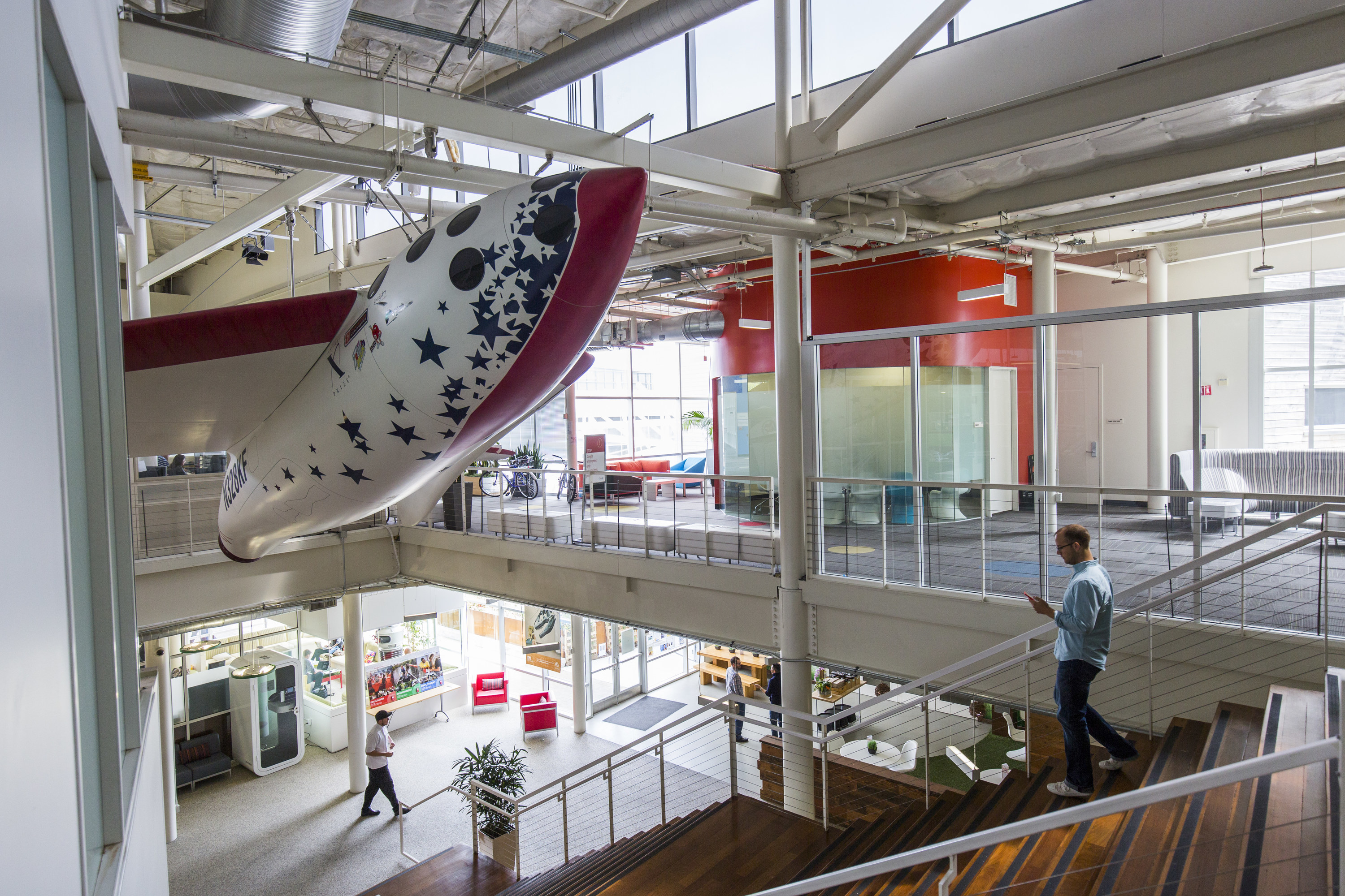 an office with a rocket on display