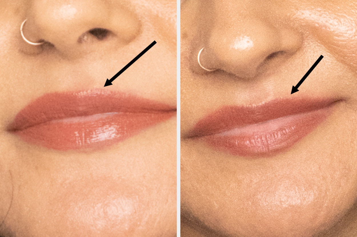 split image of a womans lips before and after using lip liner, lipstick and gloss