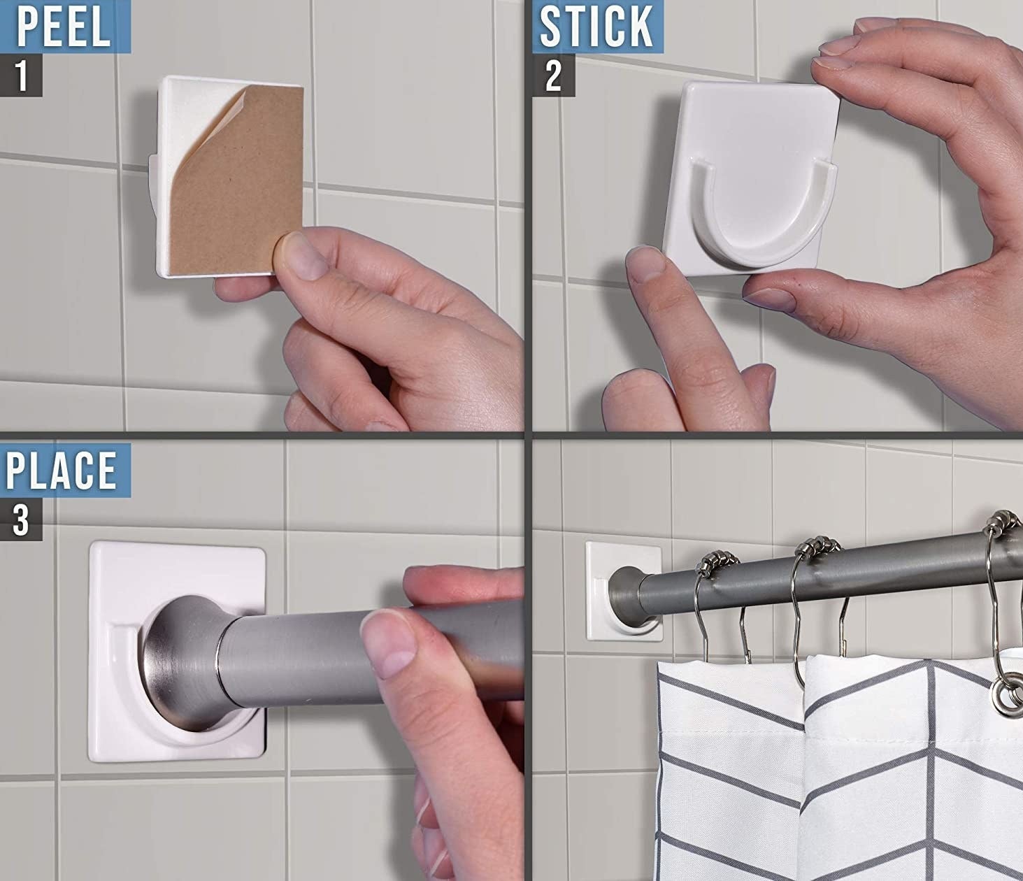The steps of someone installing the adhesive shower rod holders