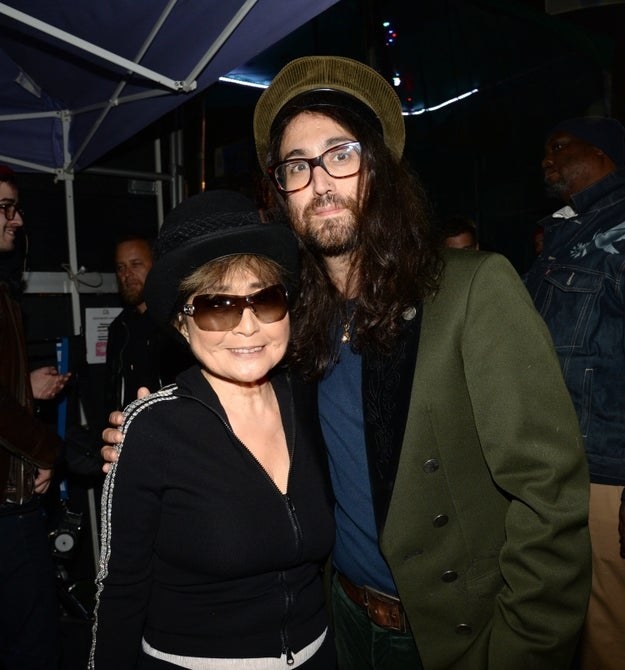 Yoko Ono and Sean Lennon pose backstage after the Plastic Ono Band performs onstage during Modern Sky Festival at Rumsey Playfield on October 4, 2015