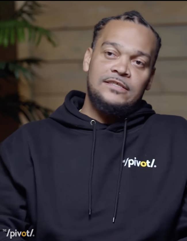 Crowder wearing a sweatshirt with the logo of &quot;The Pivot&quot;