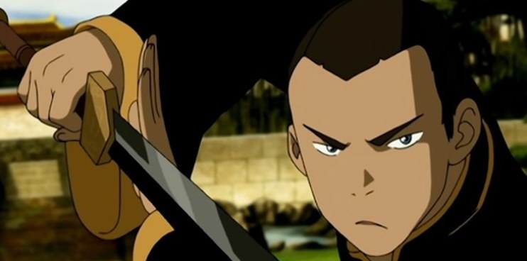 sokka has a pointy hairline, like an arrow on his forehead pointing downward. his brows are furrowed, mouth frowning, and holds a large sword