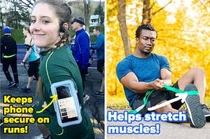 on left, reviewer wears blue arm band holding cell phone while running a marathon. on right, model uses green stretching strap on leg and foot after a run